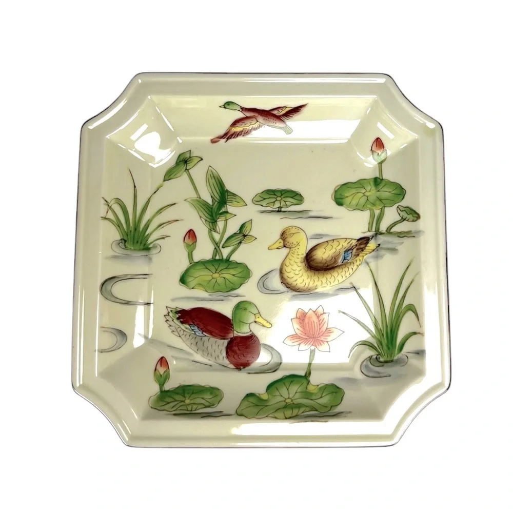 Andrea by Sadek 8 Sided Square Ducks Lily Pads Serving Plate #5868 Made in Japan